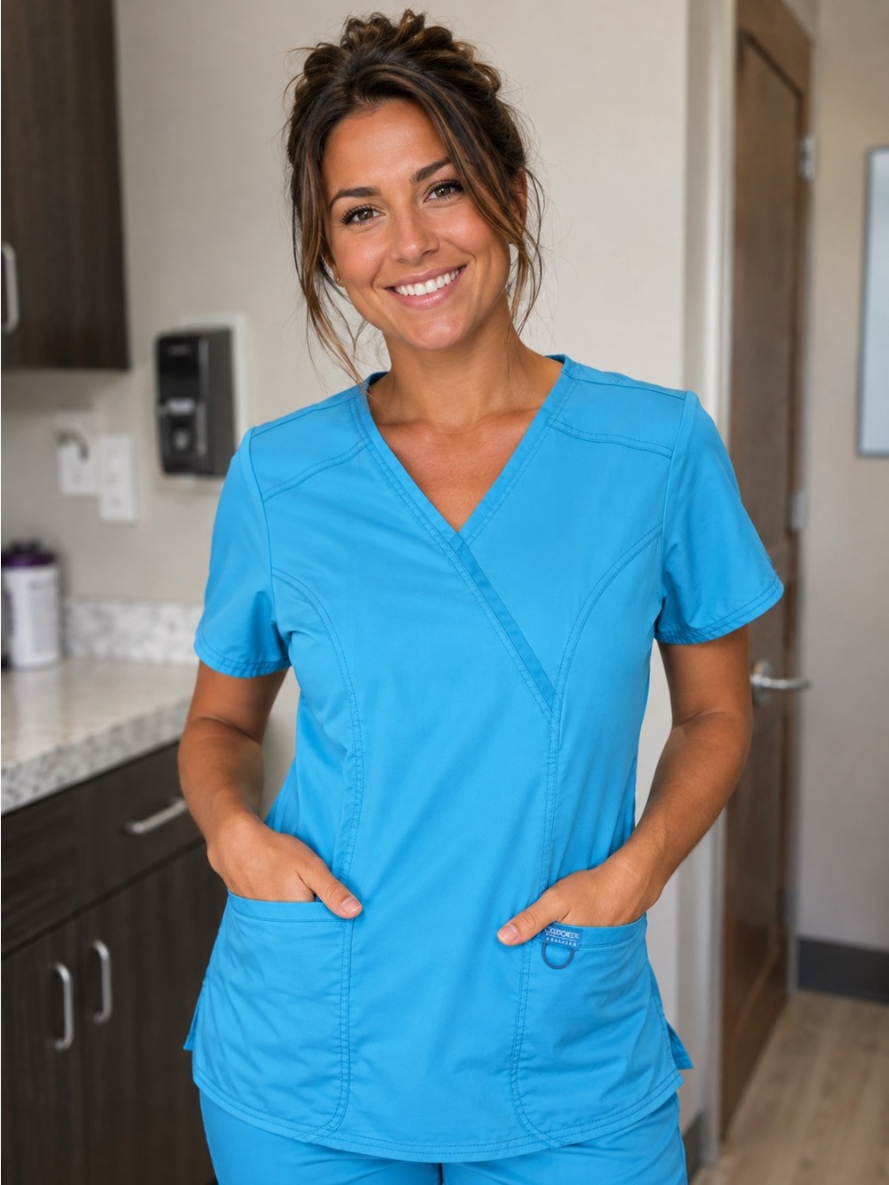 Cherokee Bright Aqua V-Neck Medical Scrub Top lot of 2